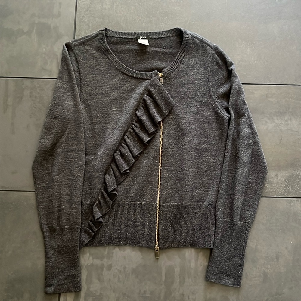J Crew zipper, ruffle cardigan, women’s